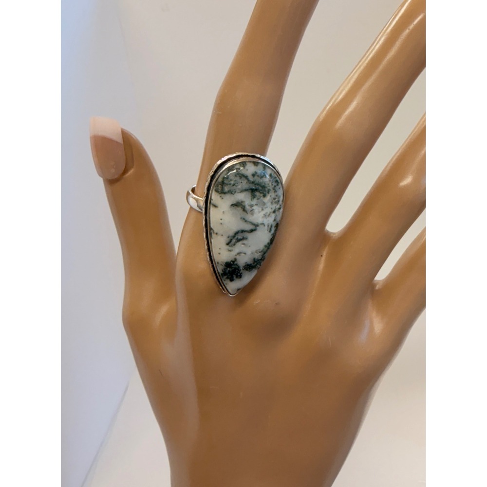 Large Moss Agate Teardrop Statement Ring Silver plated Size 9‎ Boho Nature